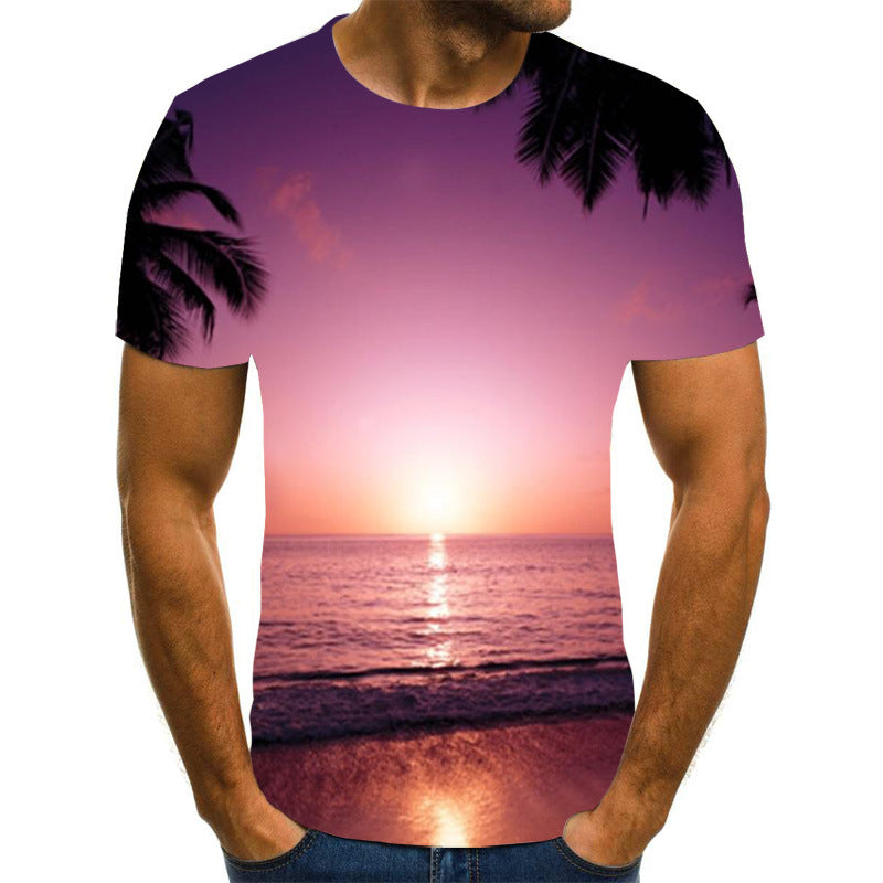 European and American cross-border new couple printing T-shirts, beautiful scenery 3D digital printing men's short sleeves