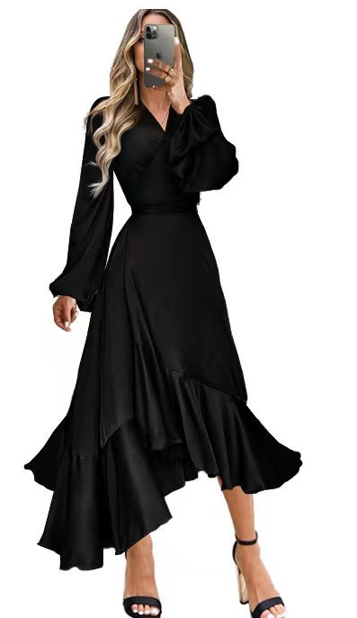 European and American women's clothing wish Dunhuang deep V long-sleeved dress solid color slim fit