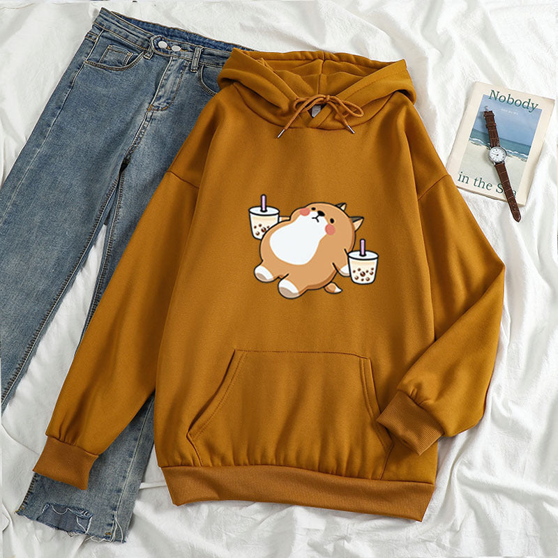 European and American cross-border autumn and winter new loose women's clothing aesthetic illustration Shiba Inu drinking milk tea hooded sweatshirt sweater