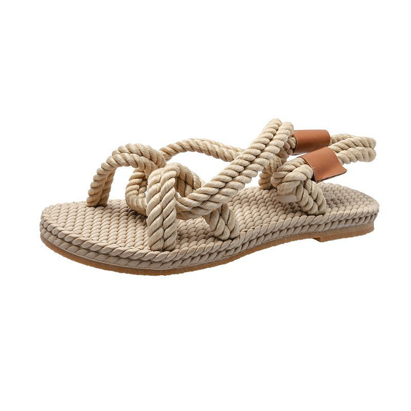 Hemp rope sandals women new style flat women's shoes comfortable set toe cross strap casual beach sandals