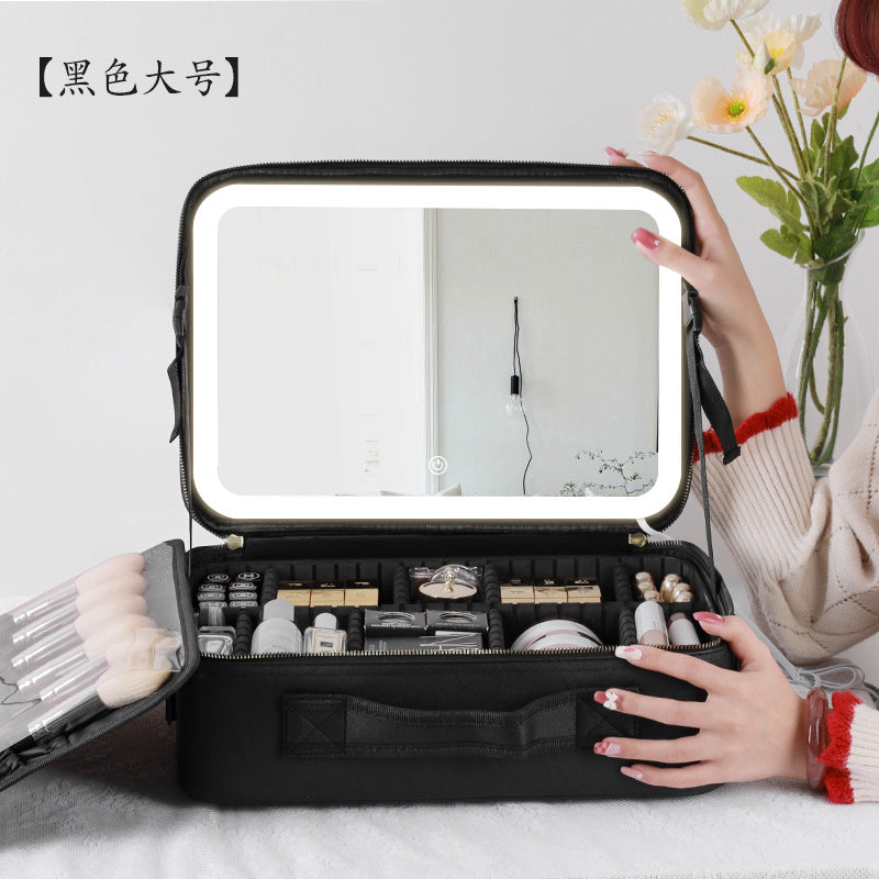 Cosmetic storage box desktop with light makeup box with mirror makeup bag portable portable with makeup artist storage bag