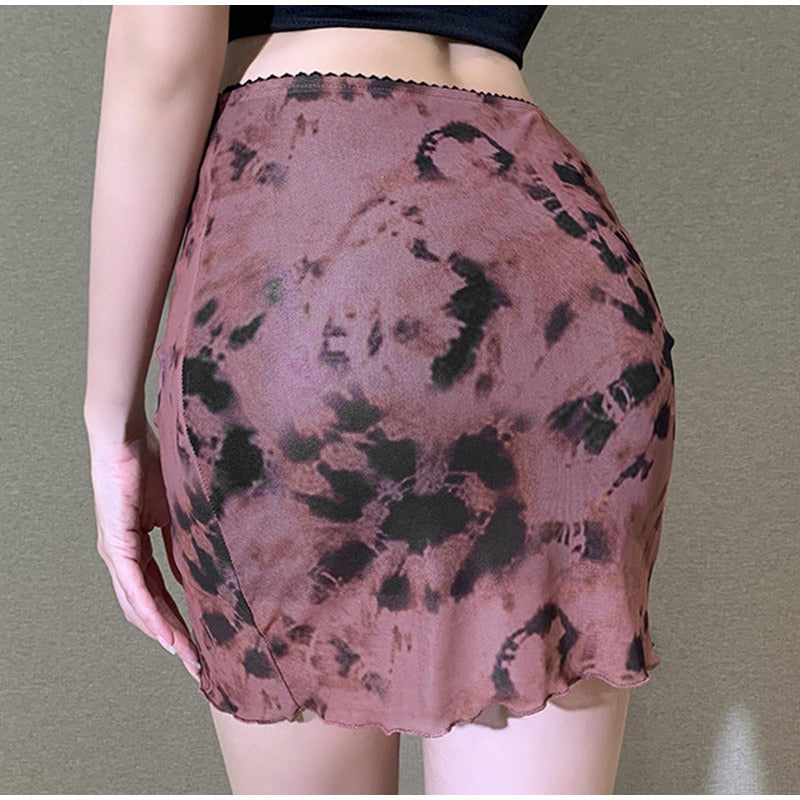 European and American summer tie-dye net yarn slim mini skirt high waist double layer female a-line skirt