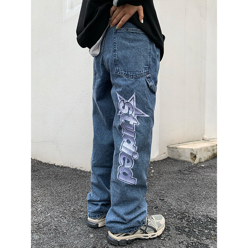 Niche new trendy brand digital print jeans oversize loose straight American all-match wide-leg pants