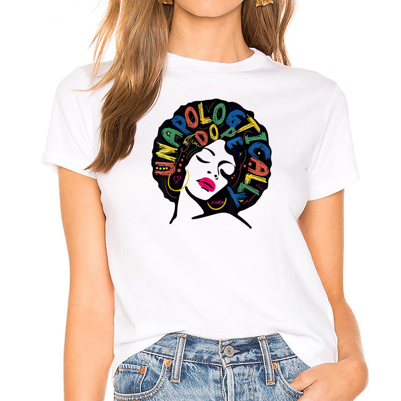 European and American Casual Cartoon Feminism Cartoon African Girl Printed Ladies T-shirt