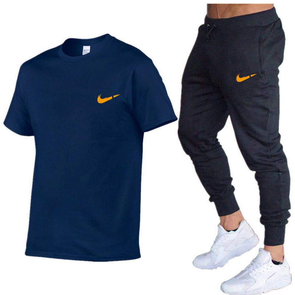 European and American men's running casual short-sleeved T-shirt + sports trousers two-piece jogging suit