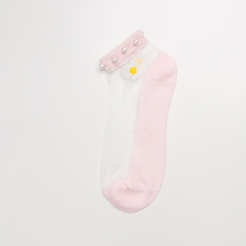 Pearl socks small daisy socks female socks thin shallow mouth crystal boat socks glass stockings