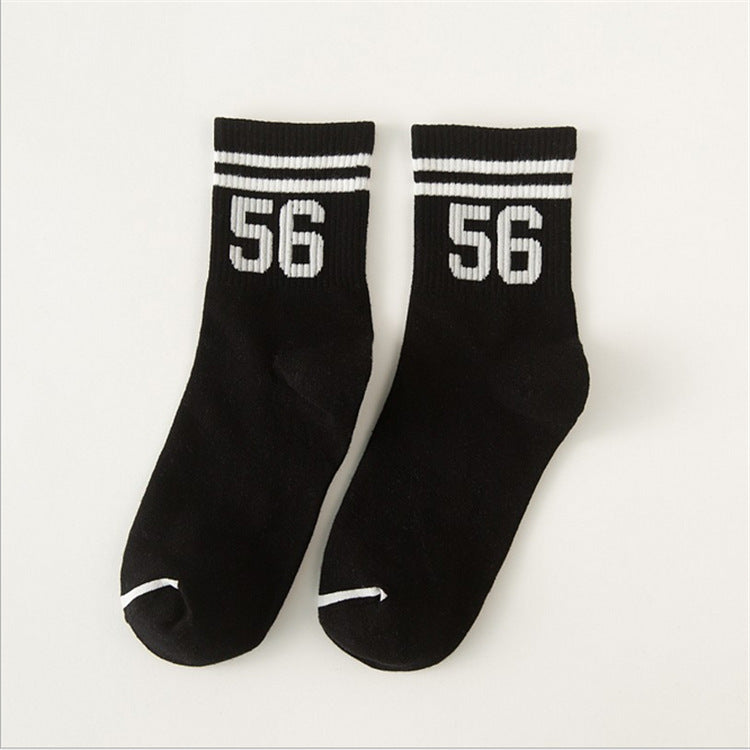 Sports socks tube pure cotton medium thickness couple socks two bars digital student white cotton socks