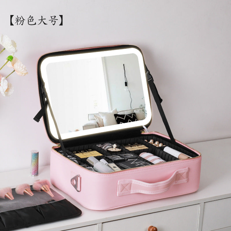 Cosmetic storage box desktop with light makeup box with mirror makeup bag portable portable with makeup artist storage bag