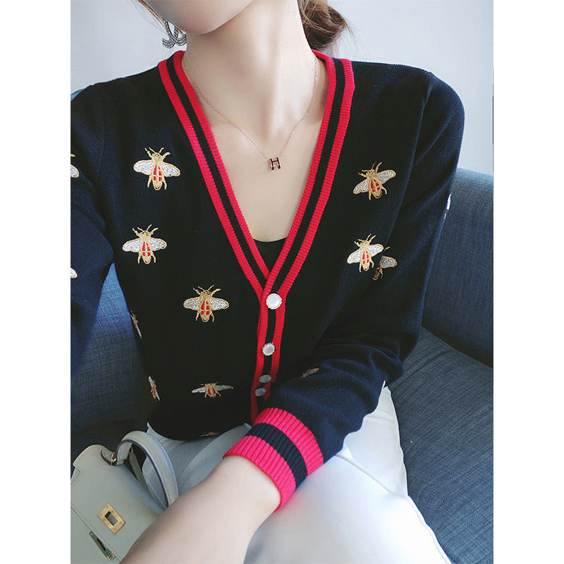 European and American knitted sweater heavy industry embroidery V-neck sweater cardigan jacket temperament outerwear top