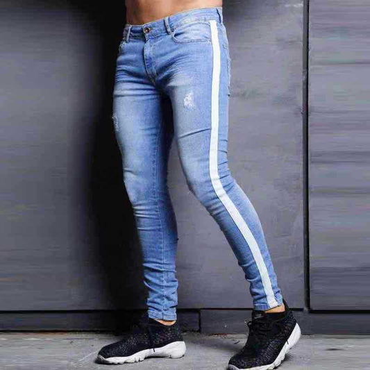 European and American fashion small-footed jeans men new trendy knee-holes explosive denim small-footed pants