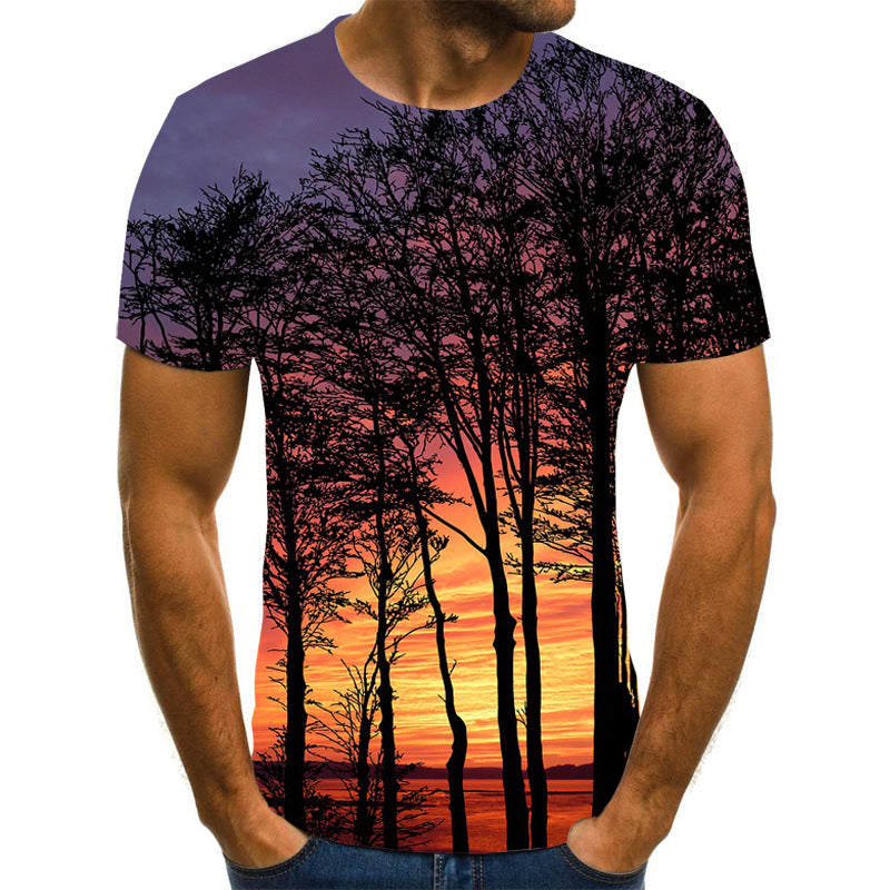 European and American cross-border new couple printing T-shirts, beautiful scenery 3D digital printing men's short sleeves