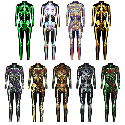 New Halloween skeleton digital printing long-sleeved bodysuit slim fit slim cosplay costume