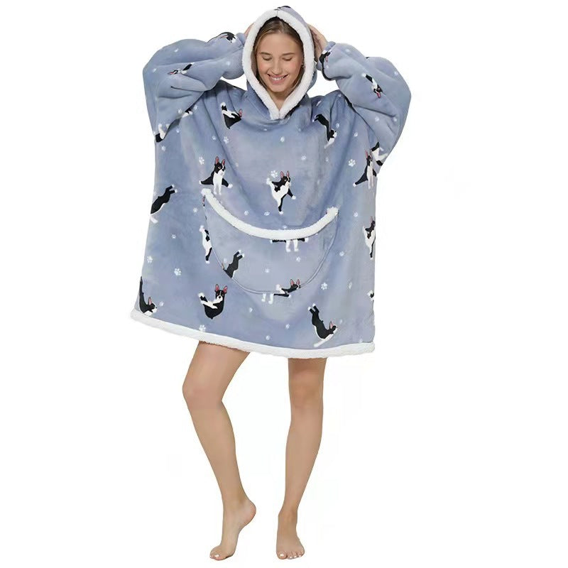 Lazy blanket flannel composite lamb wool pullover sweater TV blanket hooded lazy outdoor warm pajamas