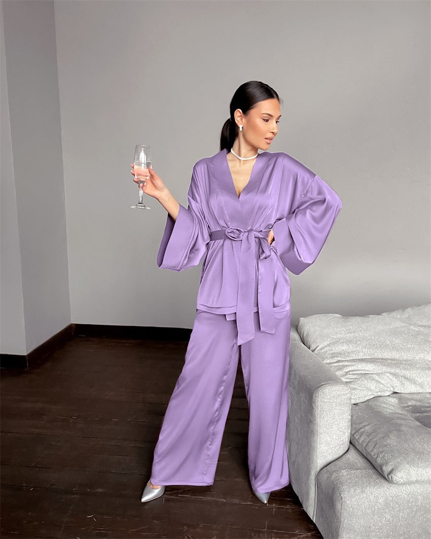 Satin long-sleeved cardigan lace-up nightgown suit women home loose trousers nightgown