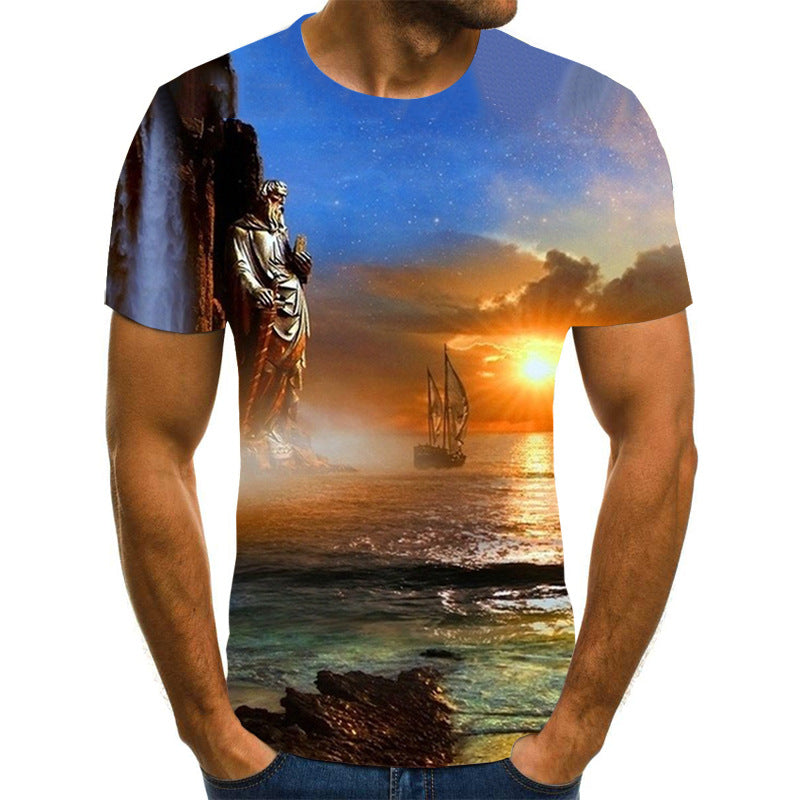 European and American cross-border new couple printing T-shirts, beautiful scenery 3D digital printing men's short sleeves