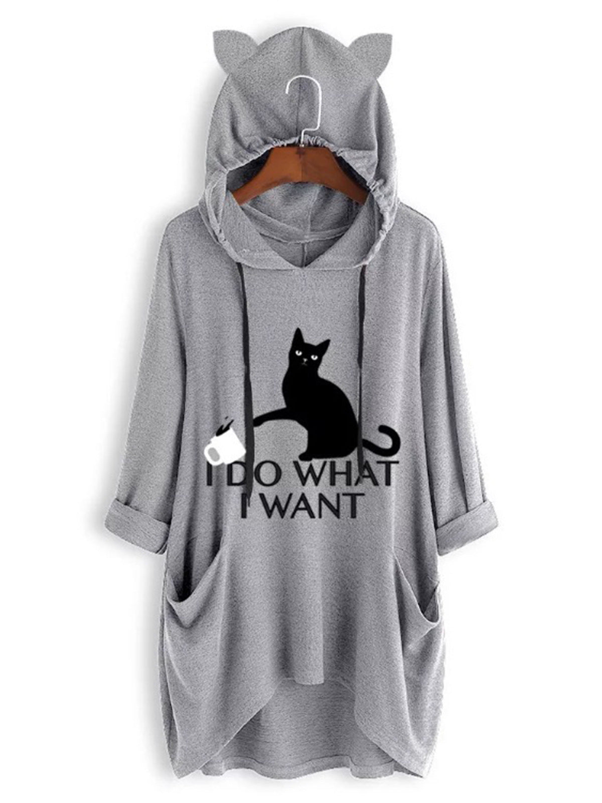 European and American new loose large size hooded sweater long-sleeved casual hedging irregular cat print