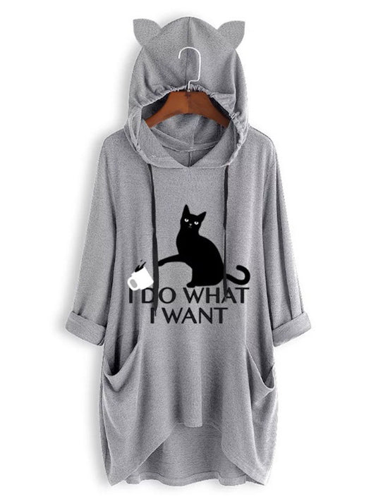 European and American new loose large size hooded sweater long-sleeved casual hedging irregular cat print