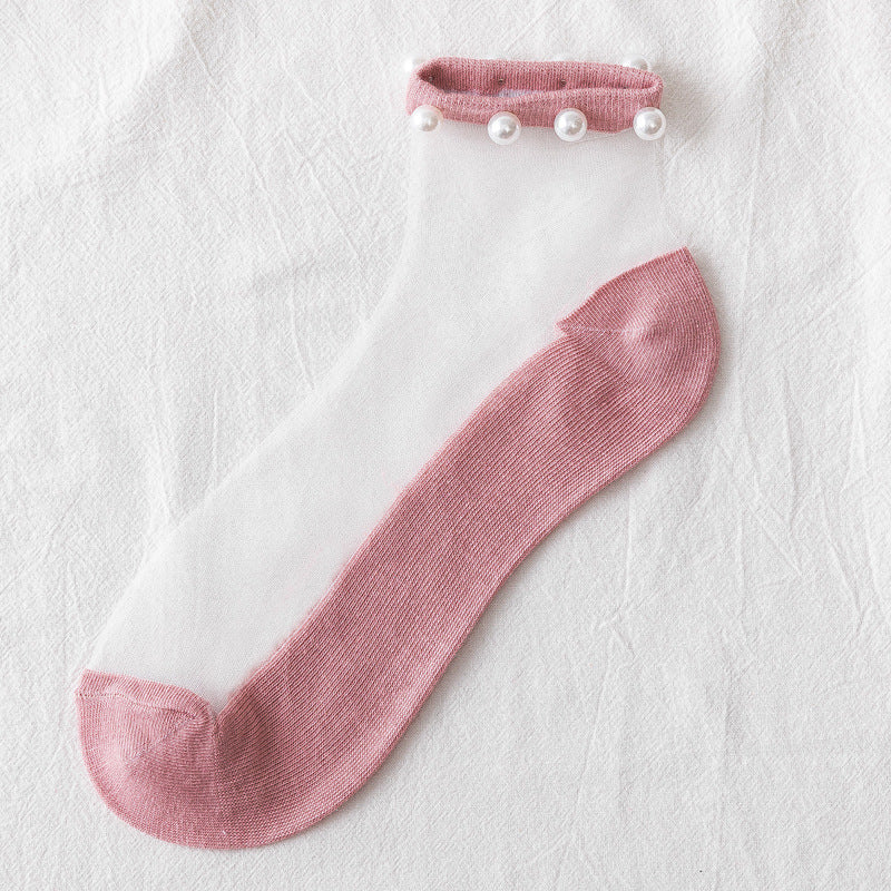 Pearl transparent glass silk women's socks thin Korean cotton socks card silk boat socks vibrato stall