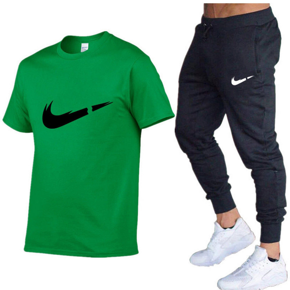 European and American men's running casual short-sleeved T-shirt + sports trousers two-piece jogging suit