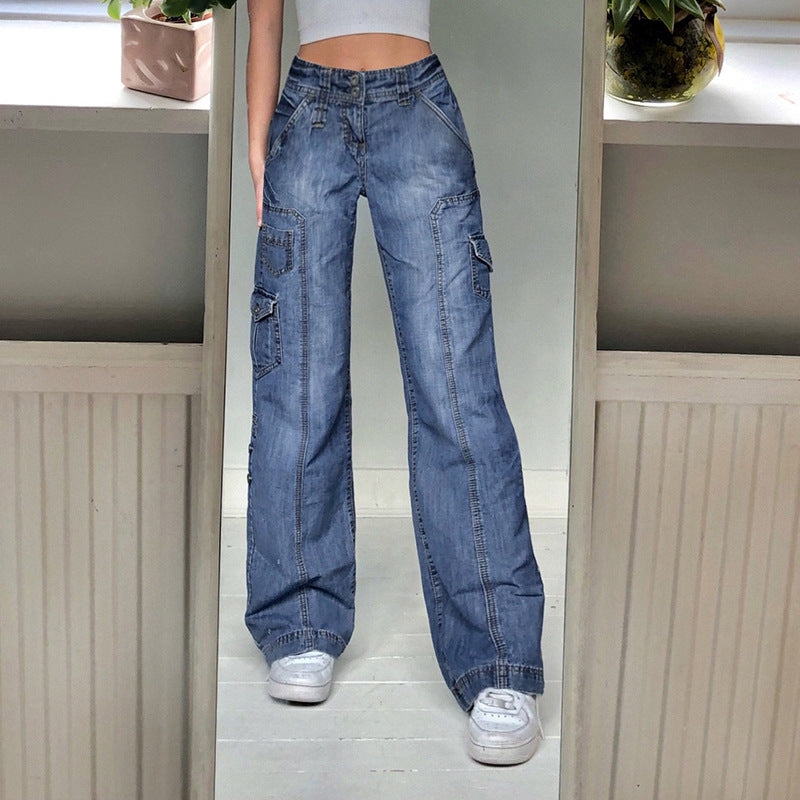 European and American new temperament commuter high waist and thin straight jeans fashion design stitching multi-pocket trousers