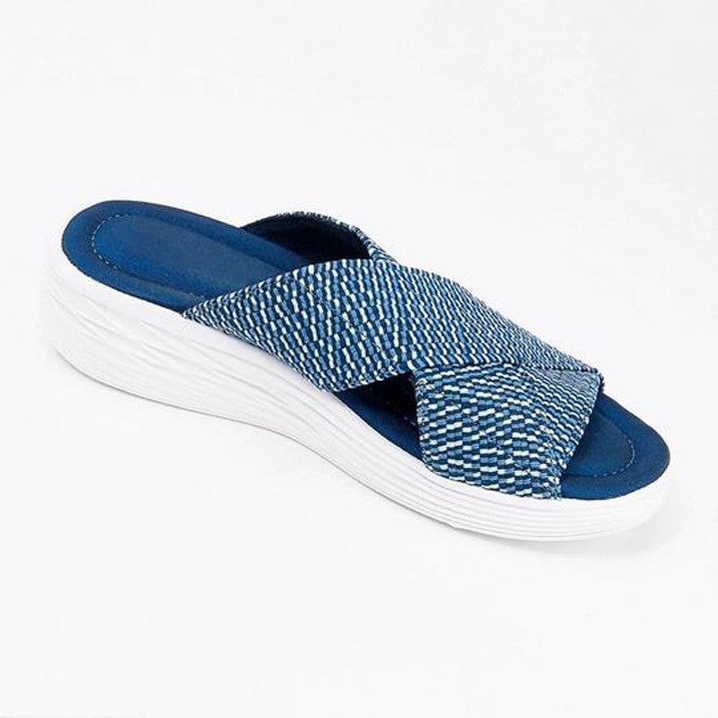 New style flat-bottomed flying woven cross sandals women's elastic slippers thick-bottomed solid color beach shoes