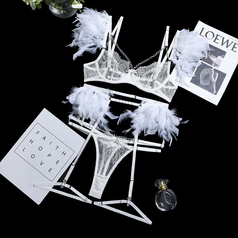 Popular complex craftsmanship metal chain lace feather lace eyelashes underwear four-five-piece set