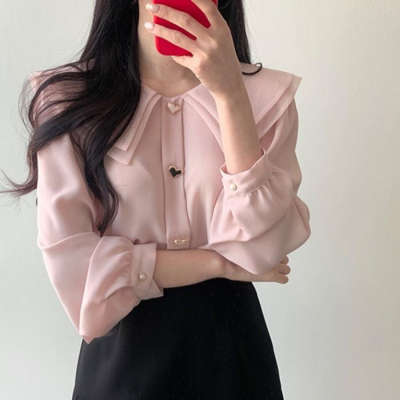 Chiffon shirt suit female temperament two-piece design double-layer doll collar top half-length pleated skirt