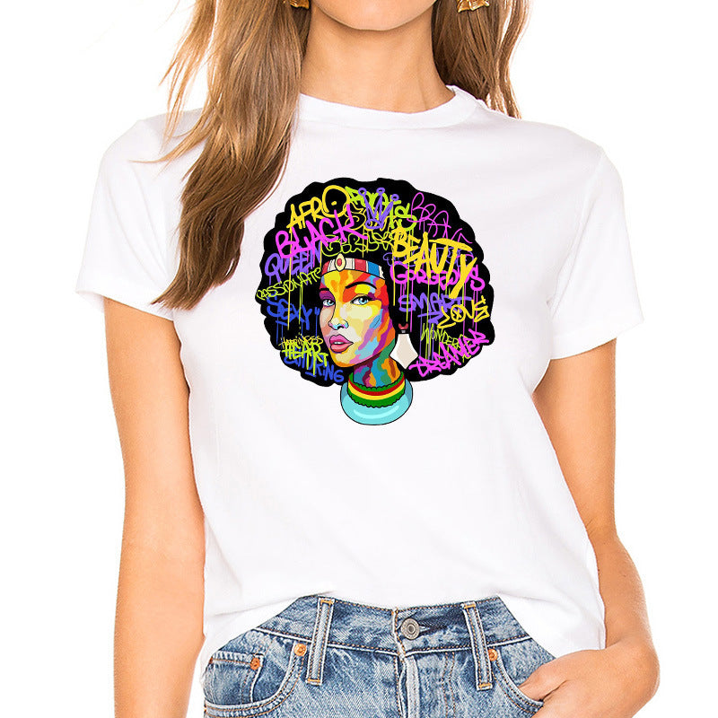 European and American Casual Cartoon Feminism Cartoon African Girl Printed Ladies T-shirt