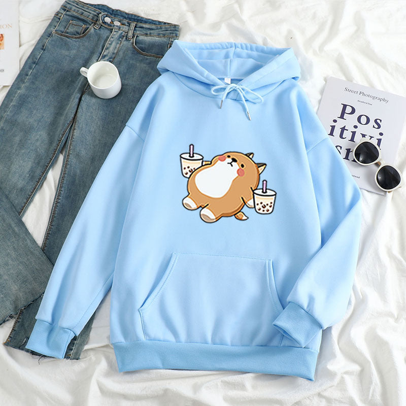 European and American cross-border autumn and winter new loose women's clothing aesthetic illustration Shiba Inu drinking milk tea hooded sweatshirt sweater