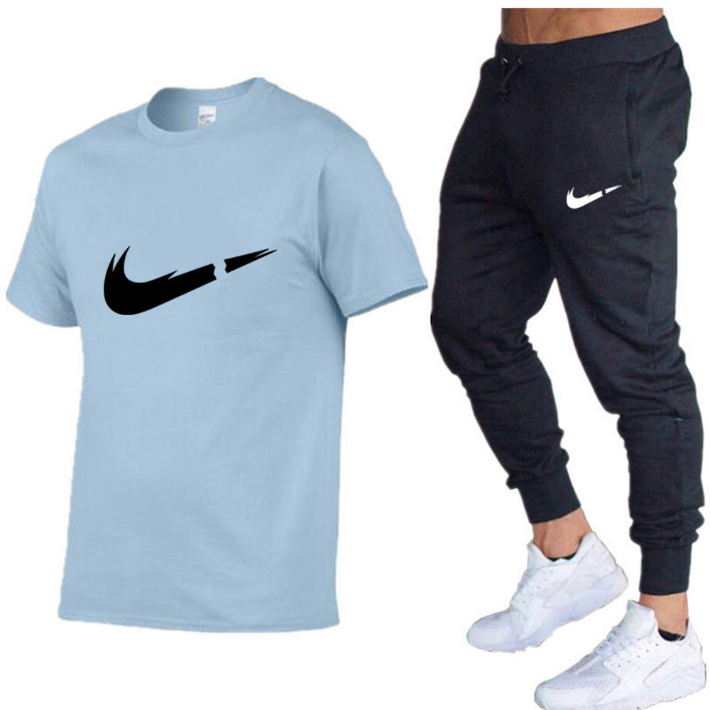 European and American men's running casual short-sleeved T-shirt + sports trousers two-piece jogging suit