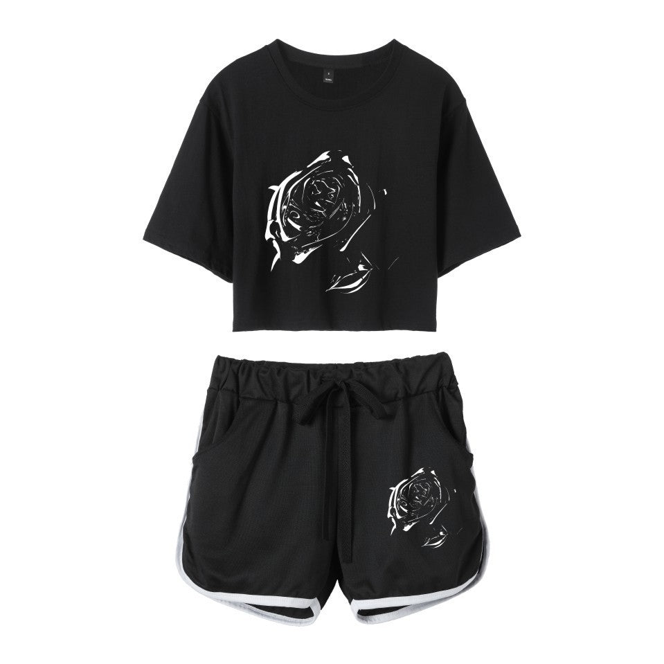 Fashion rapper series around dance cropped navel short-sleeved shorts women's suit T-shirt