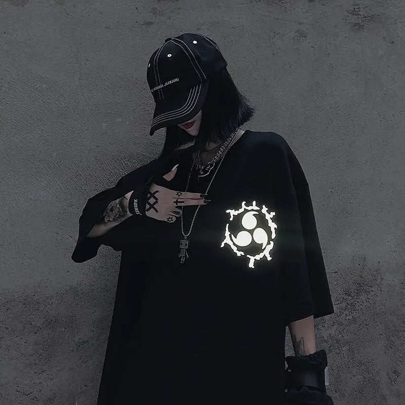 Japanese reflective Harajuku style dark symbol printing loose sleeves T-shirt