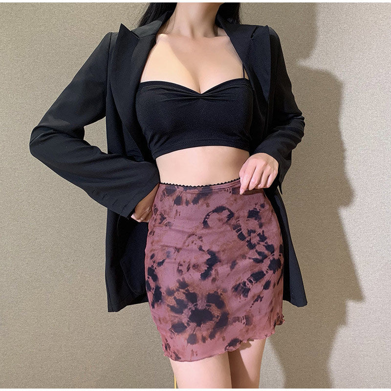 European and American summer tie-dye net yarn slim mini skirt high waist double layer female a-line skirt