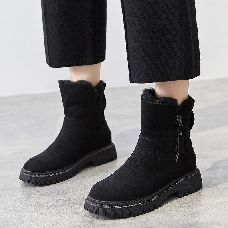 winter new mid-tube plus velvet thick warm cotton shoes and fur all-in-one women's boots