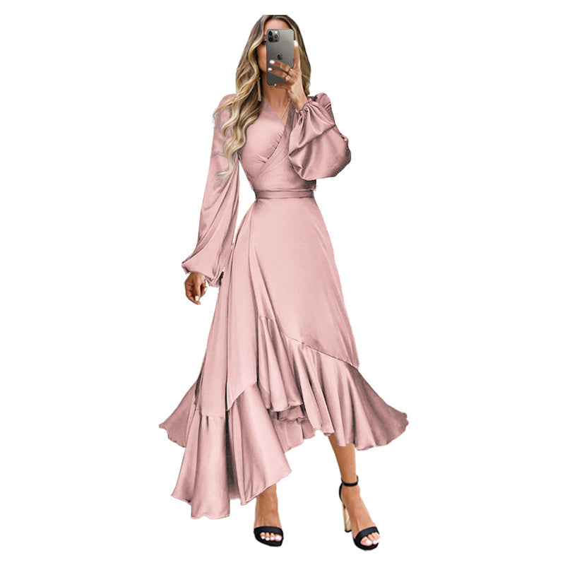 European and American women's clothing wish Dunhuang deep V long-sleeved dress solid color slim fit