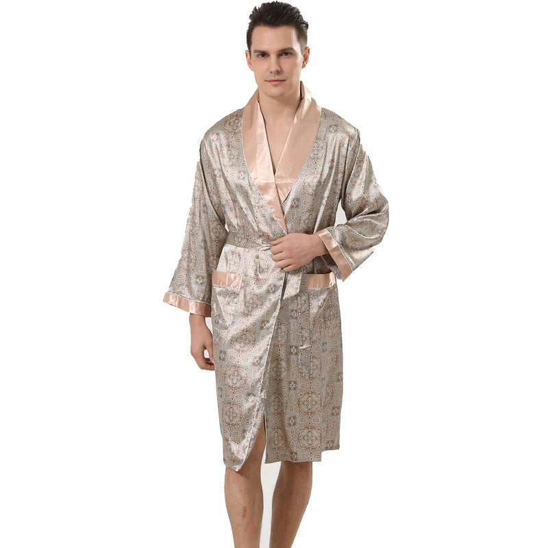 Cross-border men's one-piece artificial silk nightgown Spring and summer thin long-sleeved bathrobe Men's striped bathrobe