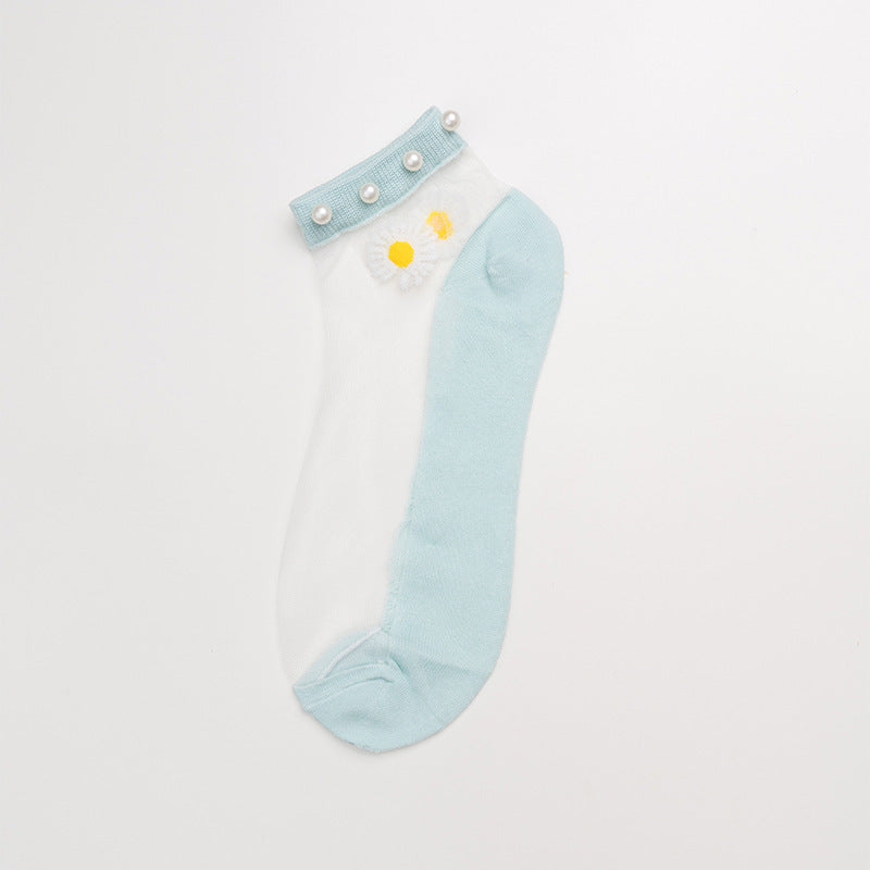 Pearl socks small daisy socks female socks thin shallow mouth crystal boat socks glass stockings