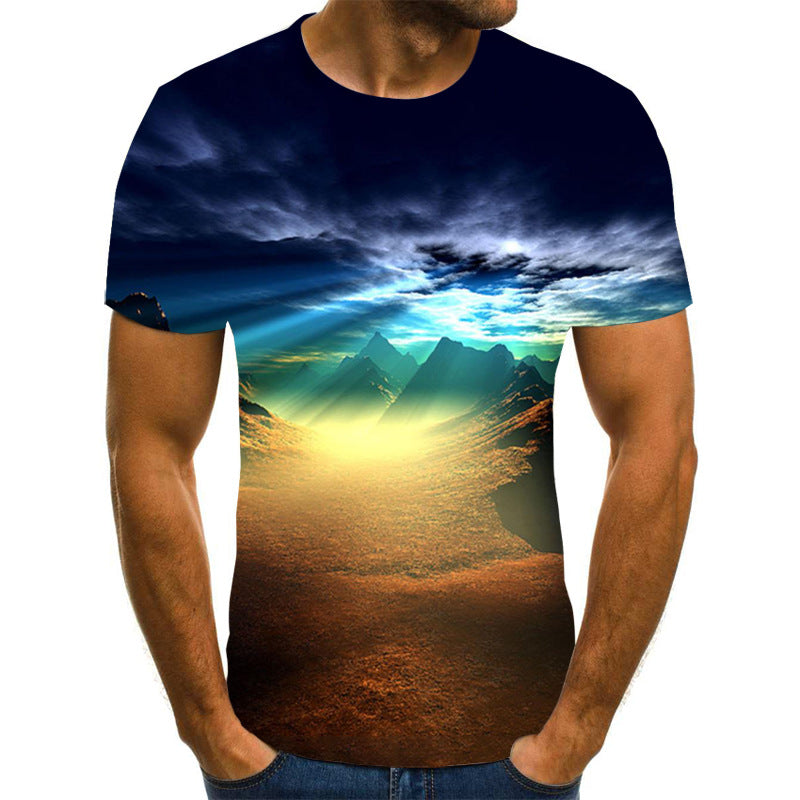 European and American cross-border new couple printing T-shirts, beautiful scenery 3D digital printing men's short sleeves