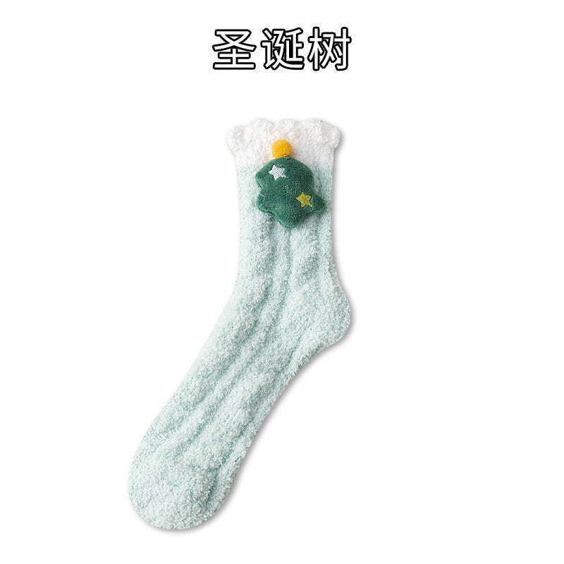 Thickened coral fleece socks cute cartoon tube socks Christmas socks home floor socks