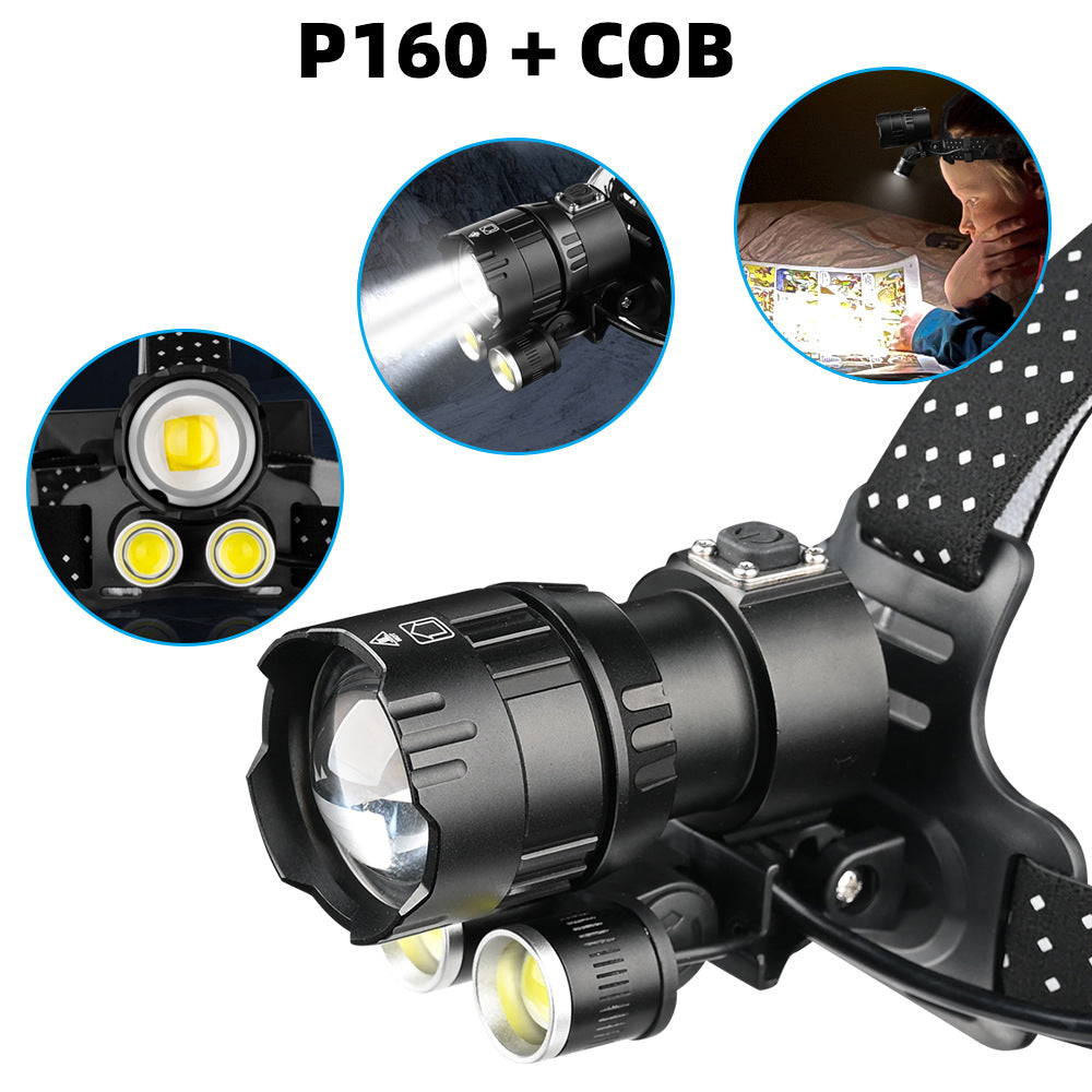 The new XHP160 strong light headlight rechargeable super bright COB head-mounted headlight led long-range fishing outdoor miner's lamp