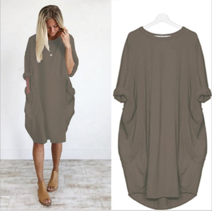 European and American popular casual loose pocket long-sleeved dress