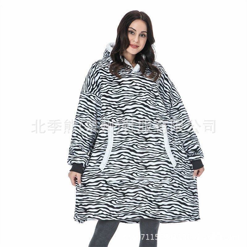 Cross-border Christmas fawn zebra leopard print hooded pullover sweater pajamas printed flannel nightgown female TV lazy blanket