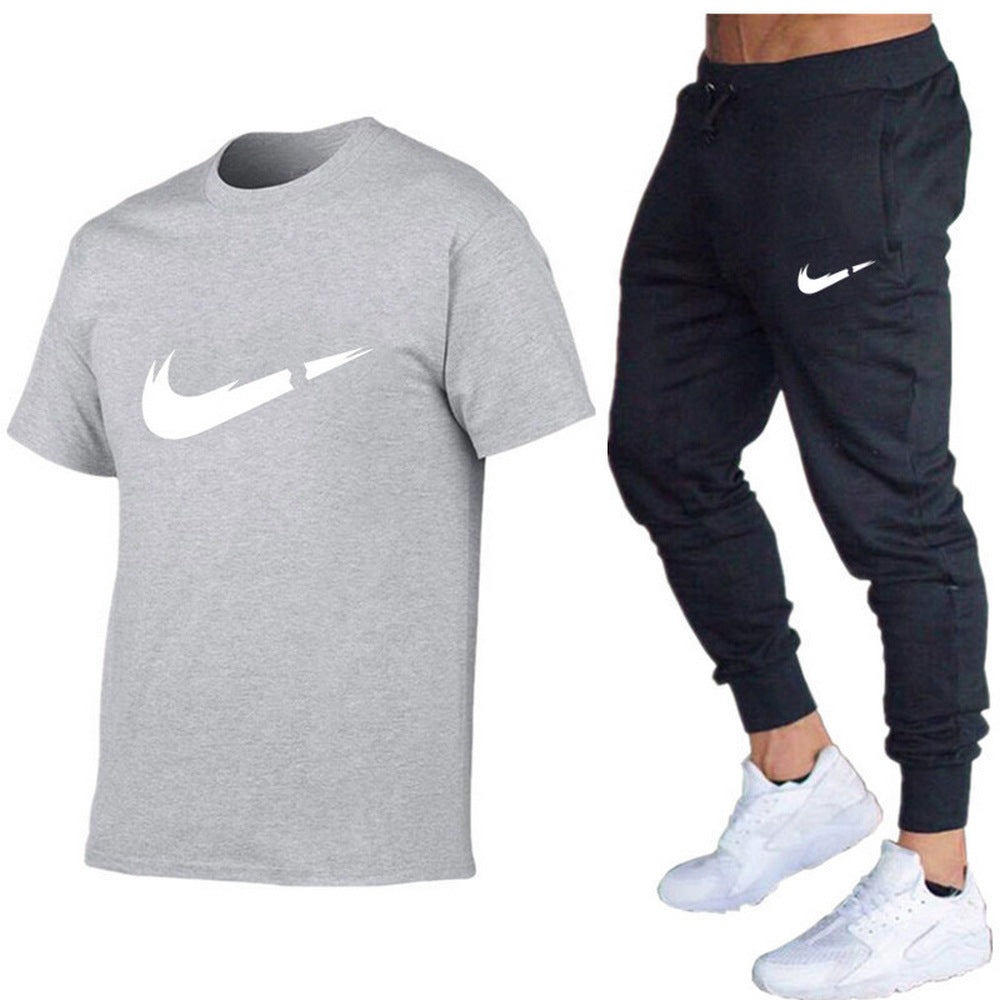 European and American men's running casual short-sleeved T-shirt + sports trousers two-piece jogging suit