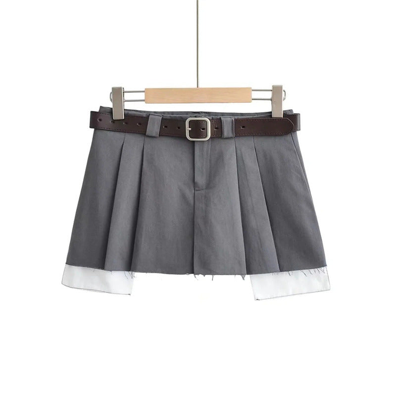 College style burr design tooling skirt sweet girl short skirt new metal buckle belt A-line skirt