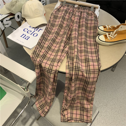 Retro high-waisted plaid pants women's spring new style is thin and sagging thin chiffon wide-leg casual pants