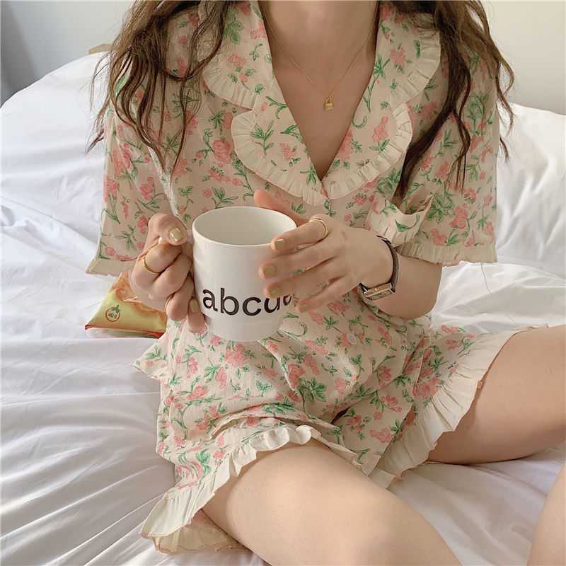 Floral pajamas, Japanese cotton pajamas, women's summer set, summer cute home clothes