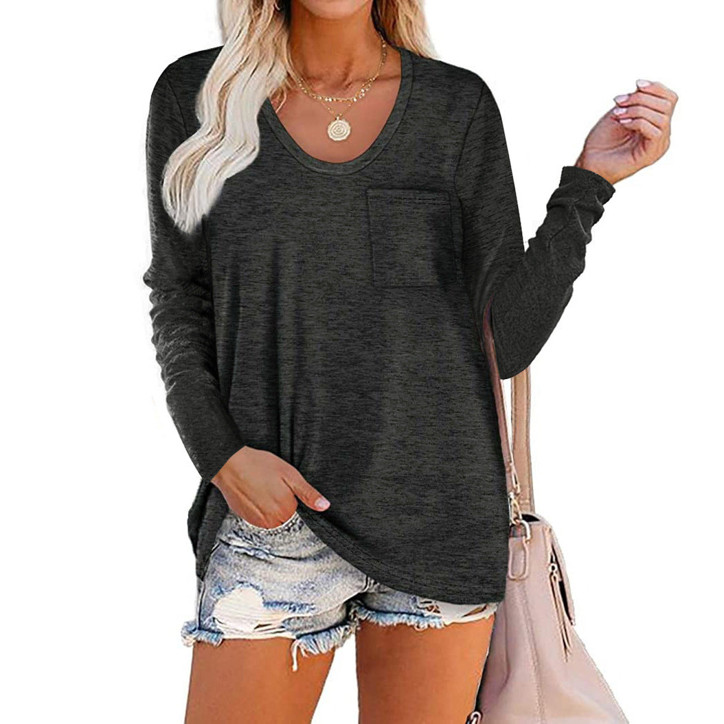 European and American cross-border round neck striped pocket casual long-sleeved loose top T-shirt