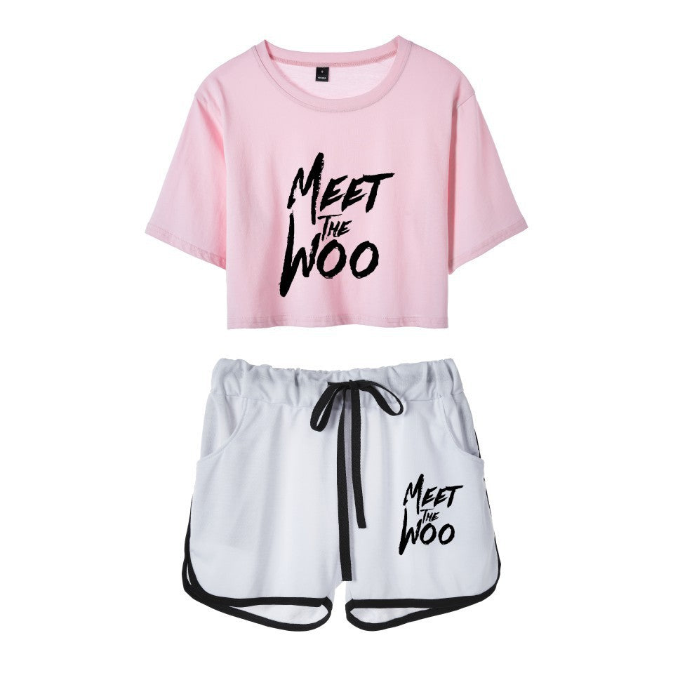 Fashion rapper series around dance cropped navel short-sleeved shorts women's suit T-shirt