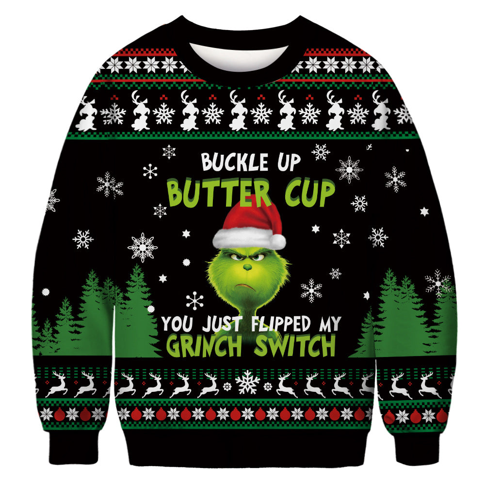 Christmas Grinch Digital Printing Couple Autumn Clothes Round Neck Long Sleeve Sweater Casual Loose Top