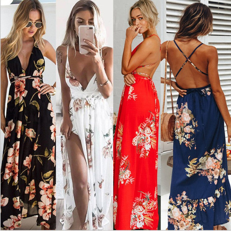 Women's Sexy Printed Sling Halter Slit Beach Dress